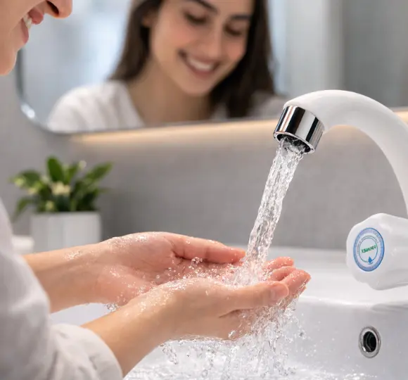Image of beautiful girl washing hand in washbasin