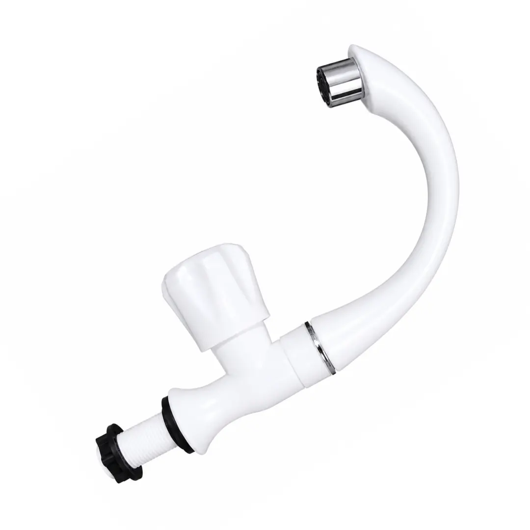 Angle view of a stylish swan neck water tap for the kitchen sink