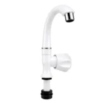 Front view of a white plastic sink cock water tap for a kitchen sink