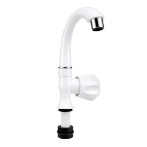 Front view of a white plastic sink cock water tap for a kitchen sink