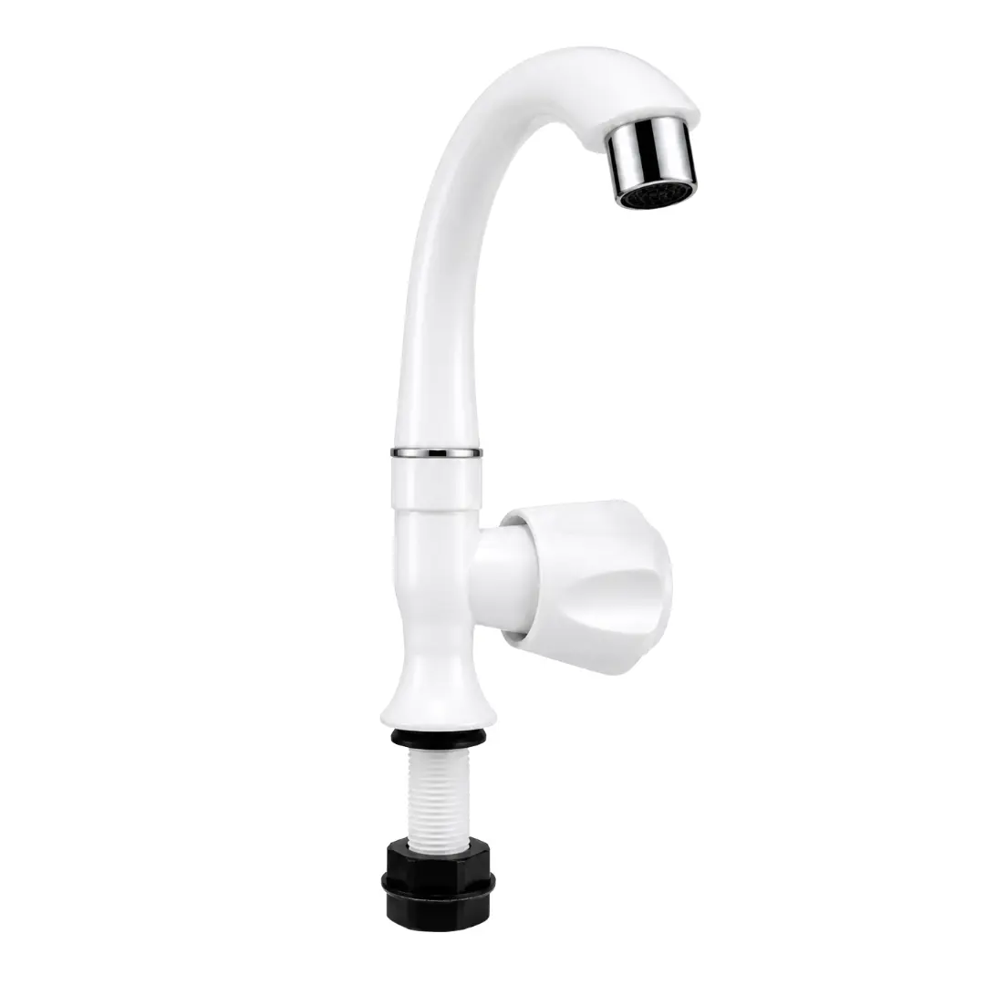 Front view of a white plastic sink cock water tap for a kitchen sink