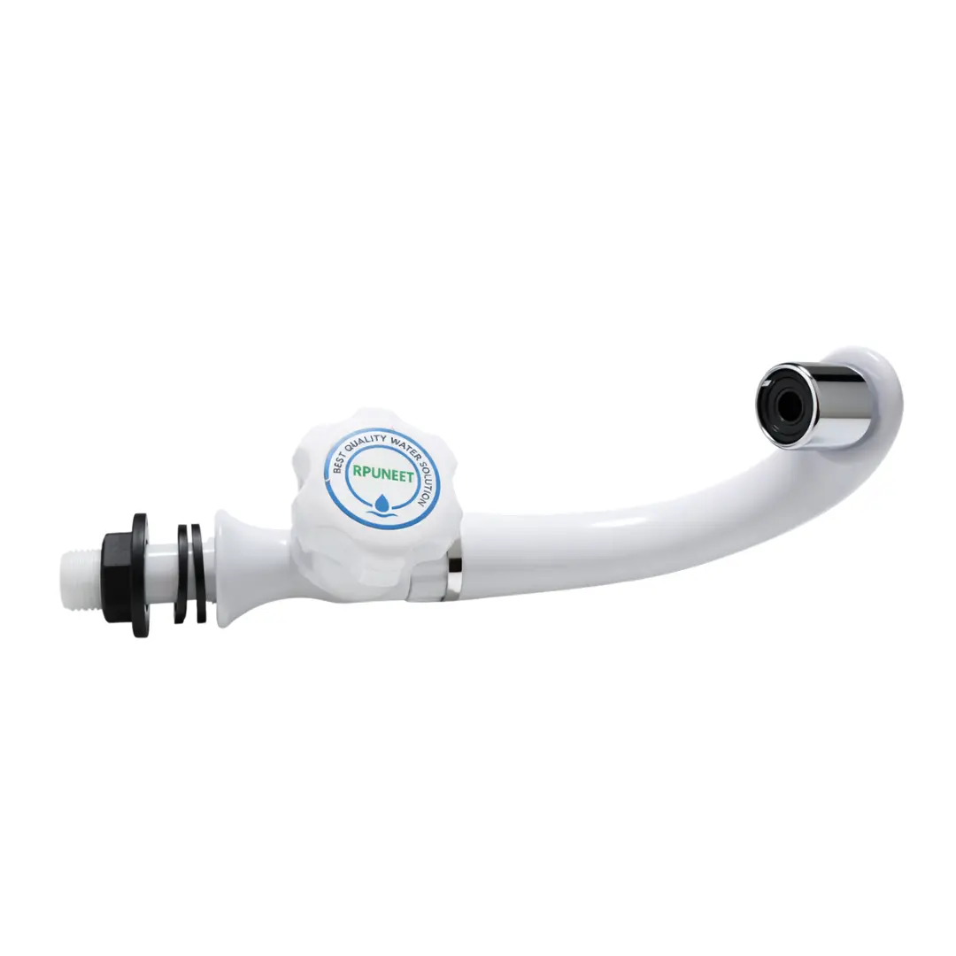 Horizontal view of a premium white plastic sink cock tap for the kitchen and wash basin
