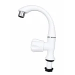 Front view of a premium white swan neck water tap for the kitchen and wash basin