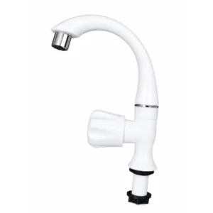 Front view of a premium white swan neck water tap for the kitchen and wash basin