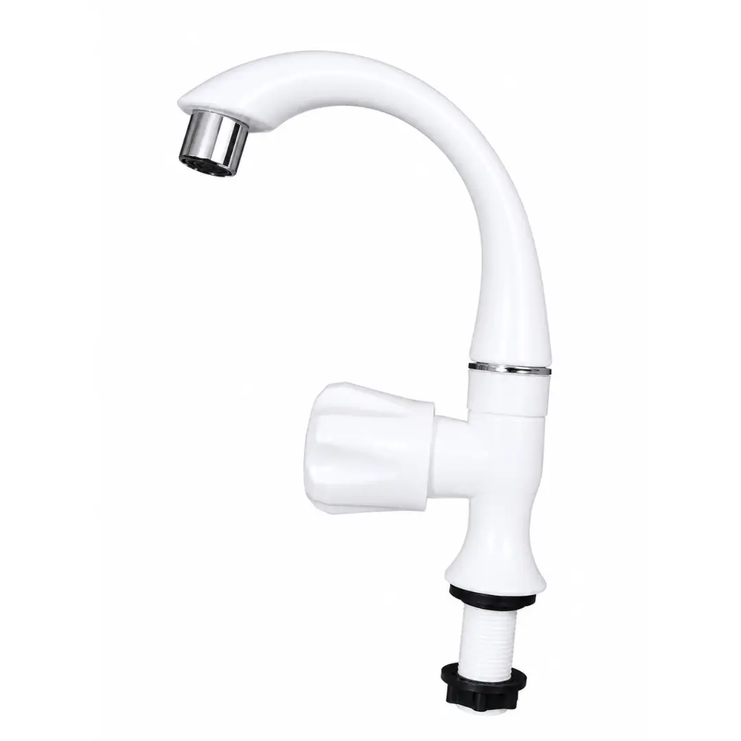 Front view of a premium white swan neck water tap for the kitchen and wash basin