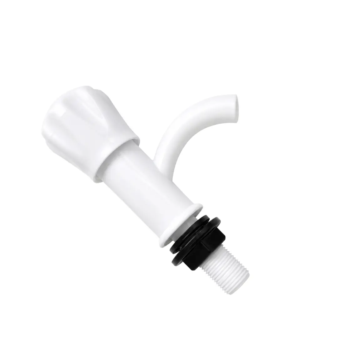 Diagonal view of RPUNEET white plastic pillar cock tap