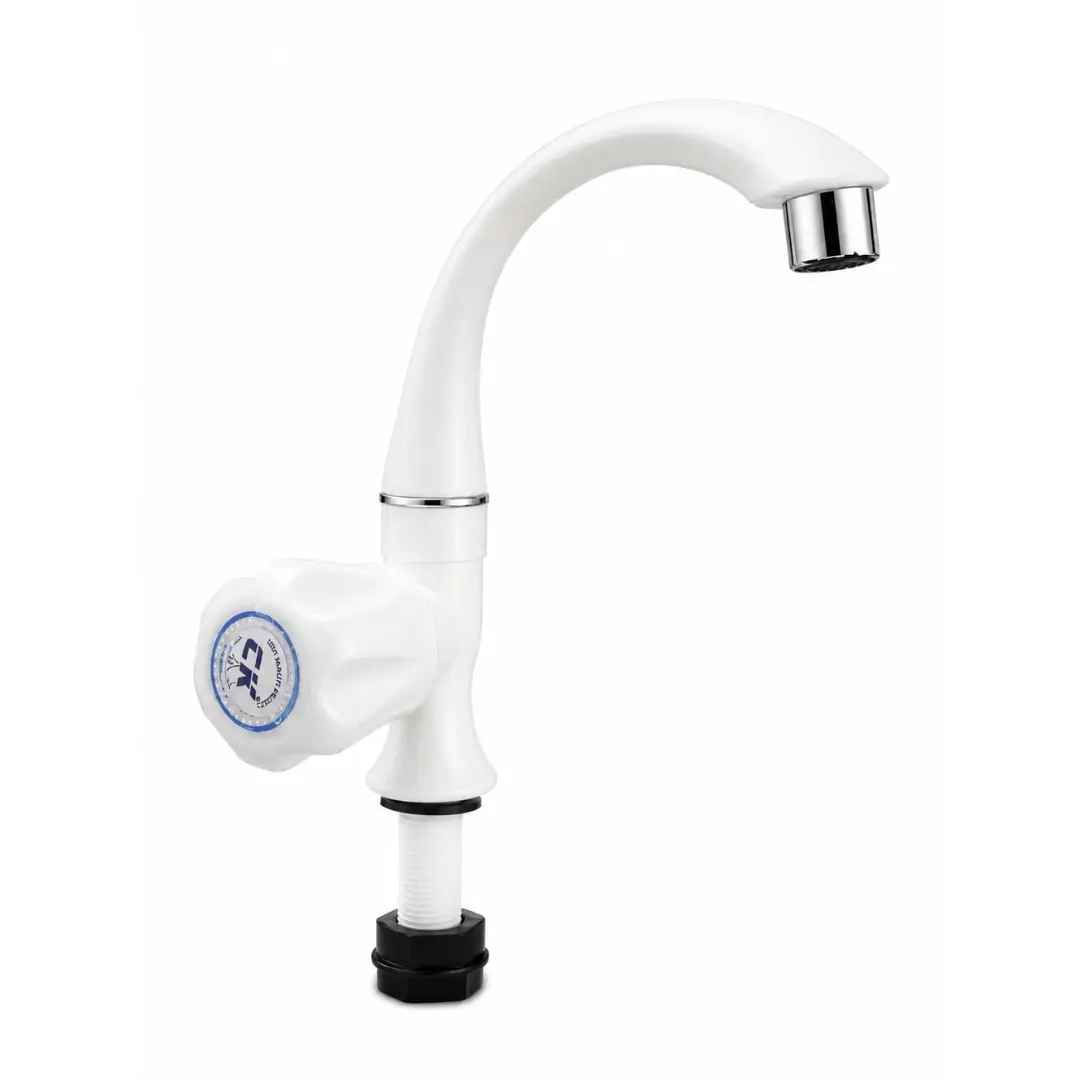 Side view of a modern swan neck kitchen and wash basin tap